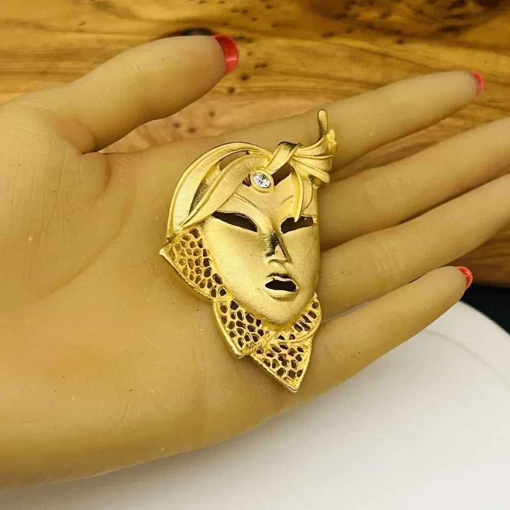 Vintage Lady Face Mask Gold Brooch Necklace Pendant Pin Art Deco Rhinestone 4089